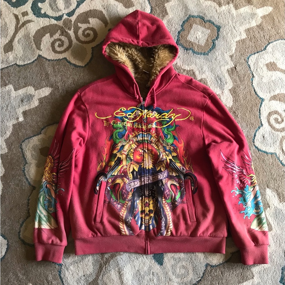 Ed Hardy faux fur lined embroidered hoodie large